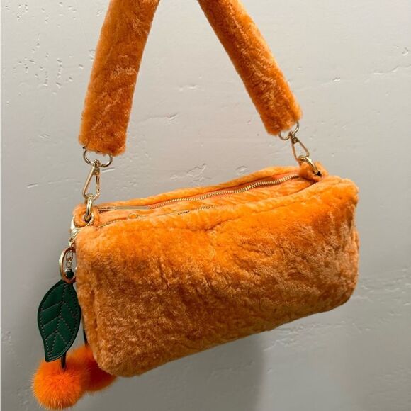 Orange Real Shearling Double Zip Pillow Bag, Lamb Fur Shoulder Bag, Crossbody - Picture 5 of 16